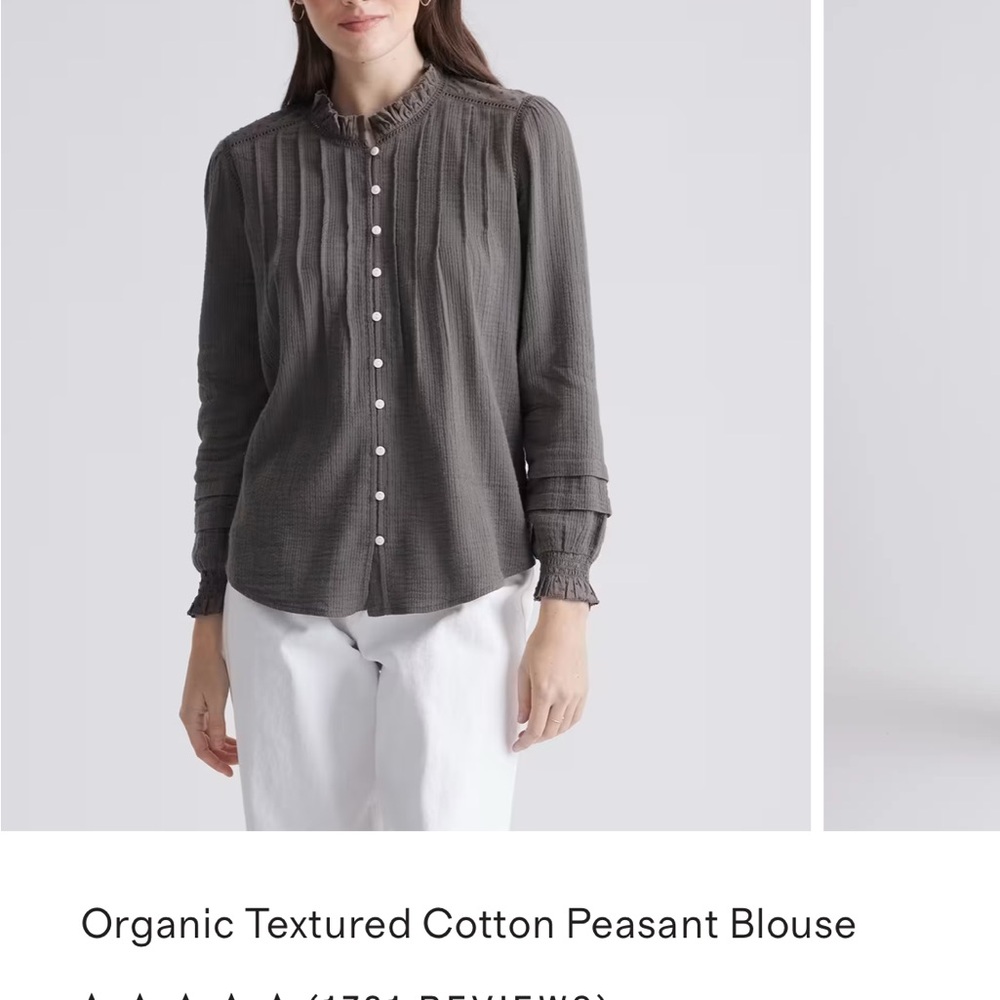 Quince Charcoal Pintuck Button-Down Cottagecore Blouse Ruffle Trim Cotton Sz Med - Picture 5 of 12